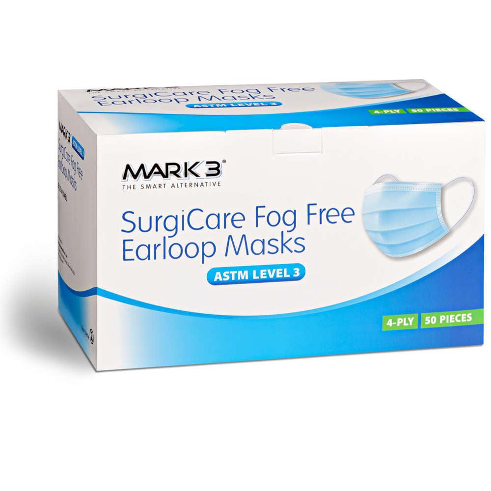 SurgiCare Fog Free Earloop Face Masks ASTM Level 3 50/bx Blue - MARK3 / 100-1974BL - DENTAMED USA
