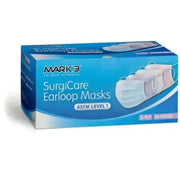 SurgiCare Earloop Face Masks by MARK3, ASTM Level 1, 50 masks in a box, showing blue masks with earloops and pleated design.