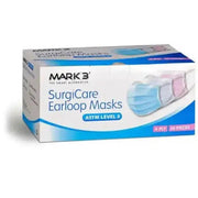 SurgiCare Earloop Face Masks by MARK3, ASTM Level 3, 50 masks per box, showing blue masks with ear loops and protective design.