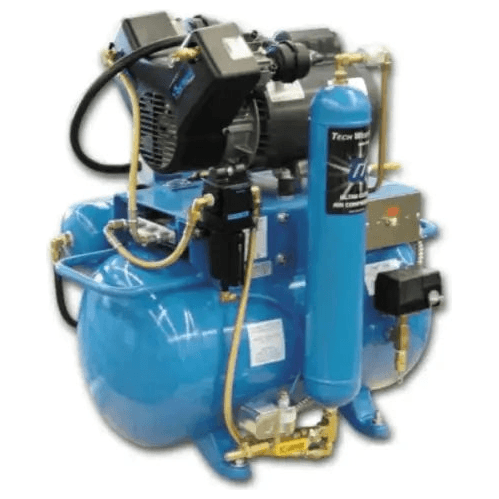 Dental chair package with dentist and assistant stools, sterilizer, compressor, and vacuum from DENTAMED USA.