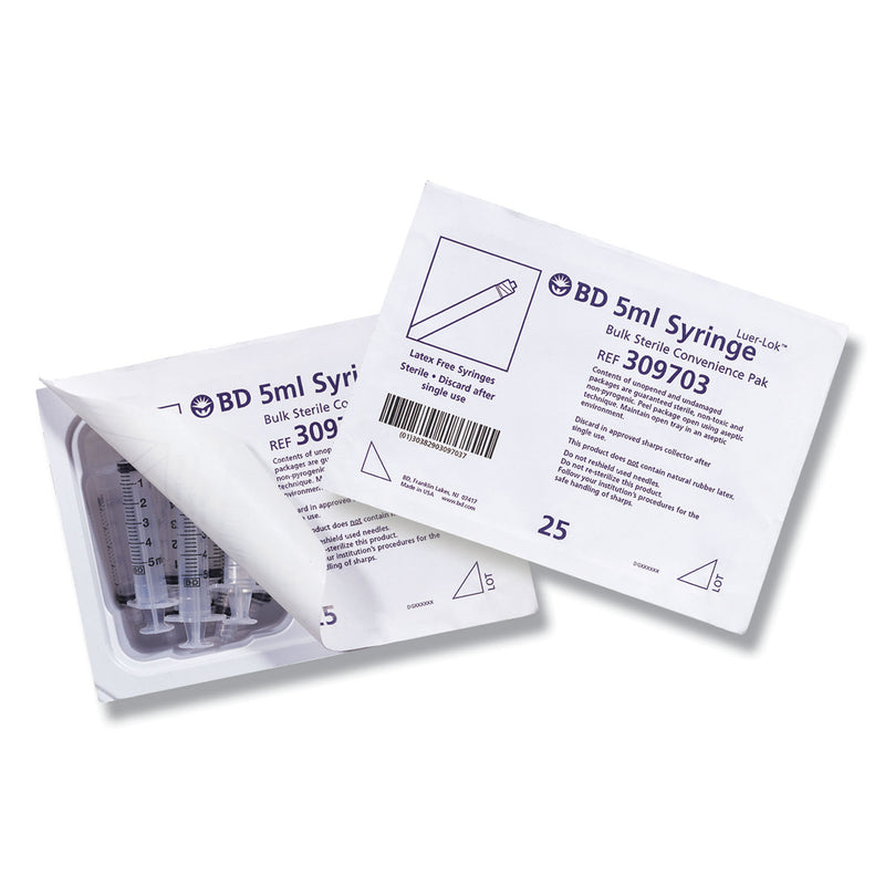 Syringe, 5mL, Luer Lok, Sterile Convenience Tray Pak, Latex Free (LF), 25 tray/pk, 12 pk/cs (70 cs/plt) (Continental US Only) (Drop Ship Requires Pre-Approval)