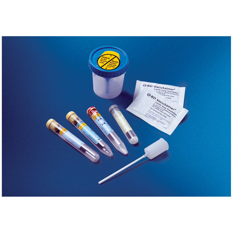 Urinalysis Cup Kit: Sterile Screw-Cap Collection Cup, Integrated Transfer Device, 8mL Draw 16 x 100mm UA Preservative Plus Plastic Conical Bottom Tube, 50/cs (Continental US Only)