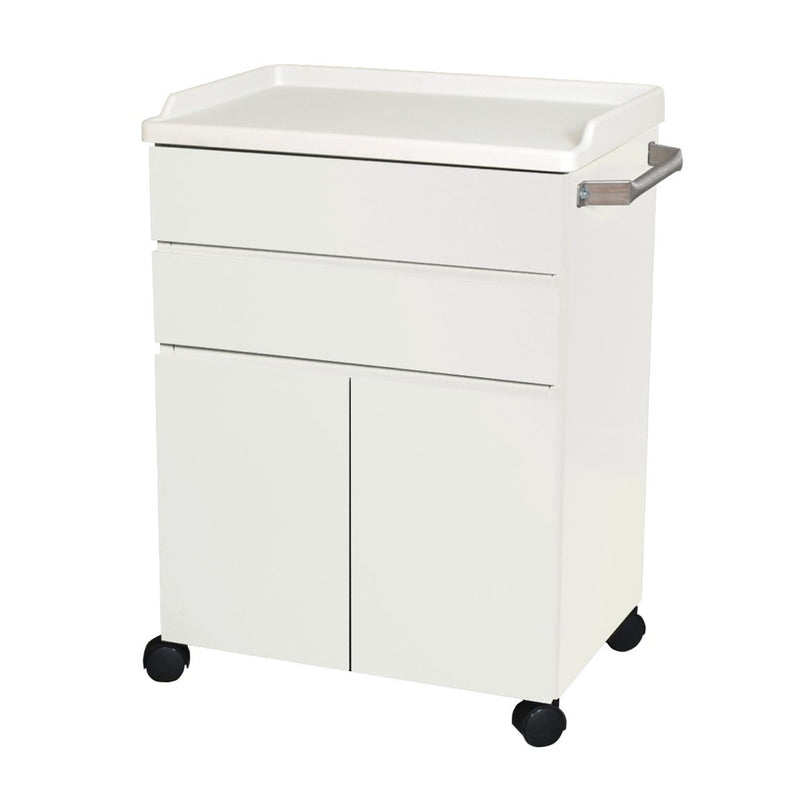 Mobile Treatment Cabinet, 6214 with Two (2) Heavy Duty Steel, Easy to Clean Full-Extension Drawers & Two (2) Doors Stainless Steel Push Handle, Kydex Work Surface with No-Spill Edges, Four (4) 2.38 (6.05 ) Twin Wheel Casters, Quiet White (DROP SHIP ONLY)
