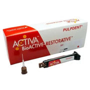 ACTIVA BioACTIVE Restorative dental material from Pulpdent, showing its smooth, tooth-colored surface in a clinical setting.