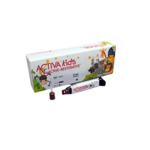 ACTIVA KIDS BioActive Restorative dental material by Pulpdent, showing a tube of BioActive Restorative for pediatric dental treatments.