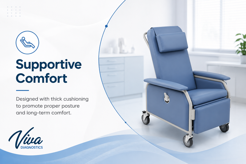 Viva Comfort Leather Bariatric 3-Position Geri Chair Recliner with Front Tray and Casters, Blue 915-01-T-BLU-KIT