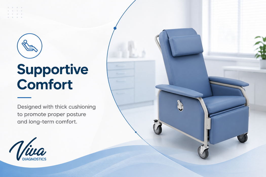 Viva Comfort Leather Bariatric 3-Position Geri Chair Recliner with Front Tray and Casters, Blue 915-01-T-BLU-KIT