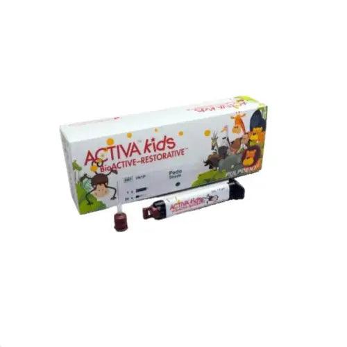 BioActive Restorative dental material by Pulpdent for kids, showing a close-up of the Pulpdent ACTIVA KIDS product.